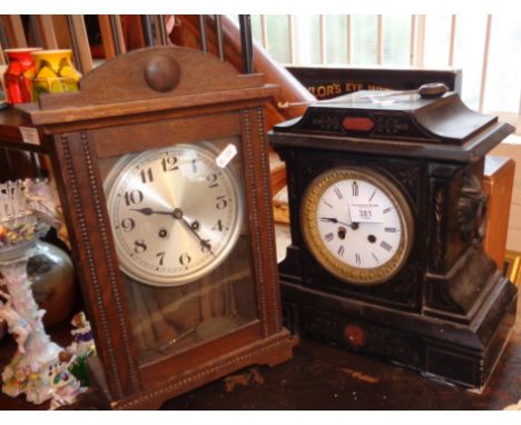 Oak cased mantle clock together with a Victorian slate mantle clock with enamel dial (A/F)