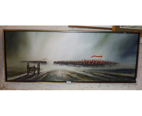 John BAMPFIELD (b.1948-) oil on canvas of the Charge of the Light Brigade, 19" x 48", signed