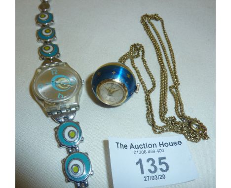 Vintage ladies' enamelled Swatch watch and a Buler ball watch on chain