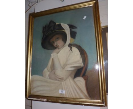 Large 19th pastel portrait of a seated woman with bonnet, in gilt frame