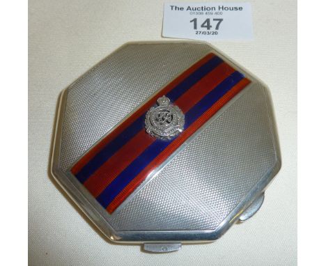 Machine engraved silver powder compact, set with the insignia of the Royal Engineers, and enamelled with their colours. Hallm
