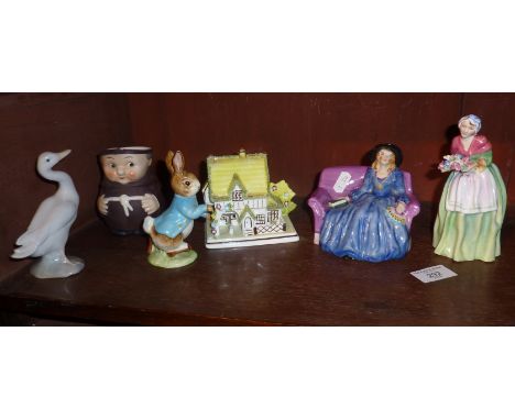 China figurines including Richton Studies lady, Arcadian China "Miss Prudence" Lladro goose, Beswick Peter Rabbit, Goebel mil