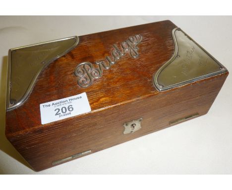 Oak playing card box for Bridge, mounted with silver details and inscription. Hallmarked for Birmingham 1905