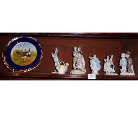 Three Continental porcelain figures and other ceramics (one shelf)