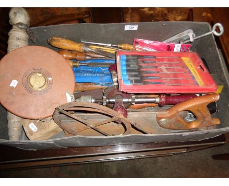 Box of assorted old woodworking and other tools, inc. unusual graduated and calibrated dibber