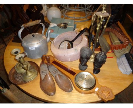 Miscellaneous items, inc. ceiling shade, shoe trees, vintage kettle, barometer, etc.