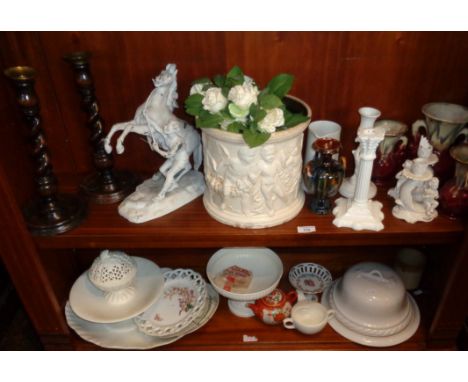 Bretby jardiniere with classical figure relief (A/F), a spelter Marley Horse, four vases, a pie funnel, and a shelf of assort