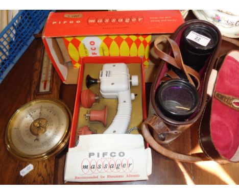 A Pifco Electric Massage machine in original box, a barometer and a pair of USSR binoculars