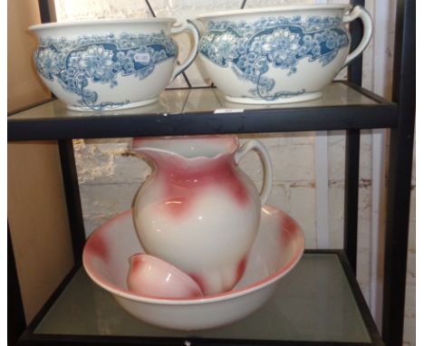Pair of Victorian Peerless china chamber pots and a wash jug and basin