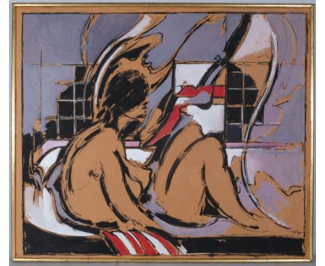 John Heritage (1931-94) Abstract female nude in bath, contemporary watercolour on brown paper, circa 1960s, unsigned, overall