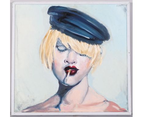 Portrait of a girl smoking, contemporary oil on board, 47cm x 50cm, framedGood condition 