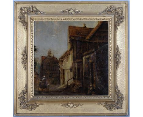 Circle of Alfred Montague, street scene with figures and cart, oil on panel, unsigned, 35cm x 35cm, framedGood condition, no 