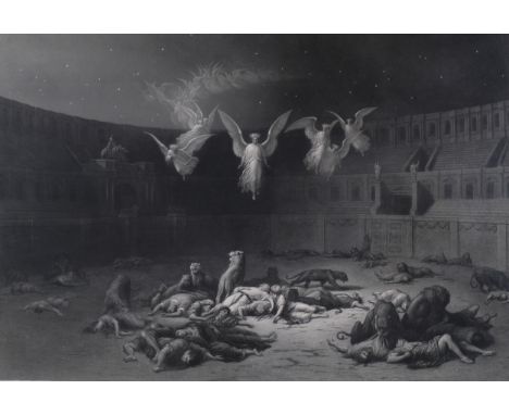 Gustav Dore, Daniel in the Lion's Den, engraving, published 1875, signed in pencil, image 56cm x 82cm, framedSeveral light fo