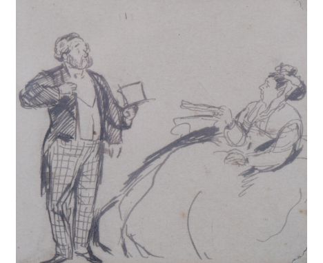 Circle of Alfred Munnings, study of  Queen Victoria, pen and ink sketch, unsigned, inscribed verso, 11cm x 12.5cm, framedEven
