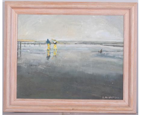 Sue Anderson, shrimpers, oil on canvas, signed, 30cm x 37cm, framedGood condition with a few light surface marks 