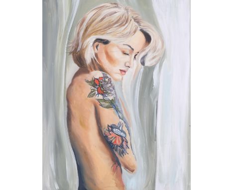 Portrait of a girl with tattoos, contemporary oil on board, unsigned, 75cm x 55cm, framedGood condition 