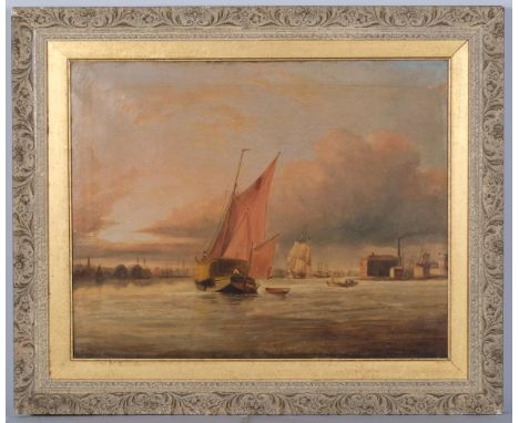 Henry Dawson (1811 - 1878), barges and shipping on the river, oil on canvas, signed, 46cm x 65cm, framedUntouched condition, 