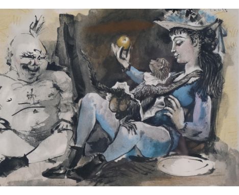 Pablo Picasso, woman with monkey and clown, original lithograph, published 1954, image 23.5cm x 31cm, framedGood condition 