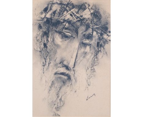 Portrait of Christ, charcoal on paper, indistinctly signed, 25cm x 17cm, framedGood condition 