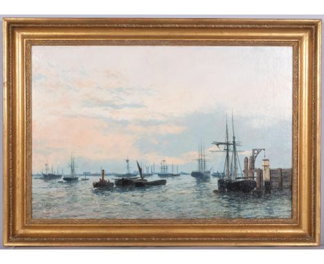 Edwin Fletcher (1857 - 1945), busy harbour scene, oil on canvas, signed, 51cm x 76cm, framedCanvas has been lined with a few 