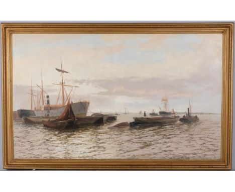 Edwin Fletcher (1857 - 1945), busy harbour scene, oil on canvas, signed, 76cm x 127cm, framedCanvas has been lined with a few