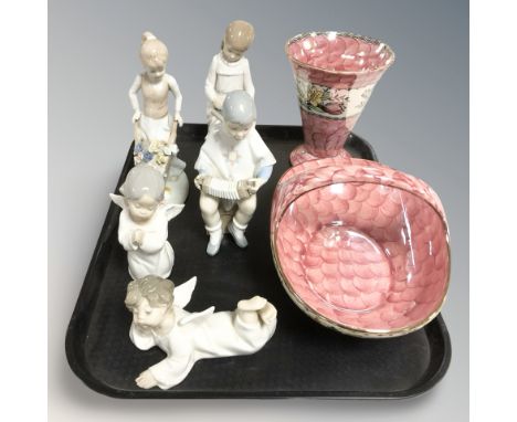A tray of ceramics, Lladro figures, Spanish ornaments, Maling basket and vase 