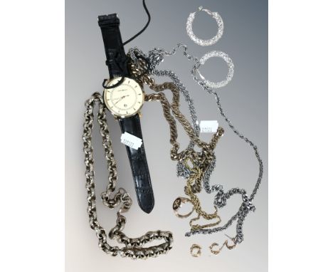 A gent's Emporio Armani gold plated quartz calendar wristwatch, case 45 mm, together with several costume chain necklaces, a 
