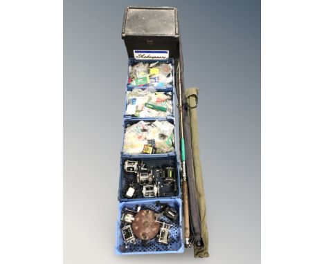 A large group of fishing related items including rods, reels, three crates of fly fishing related items, Shakespeare fishing 