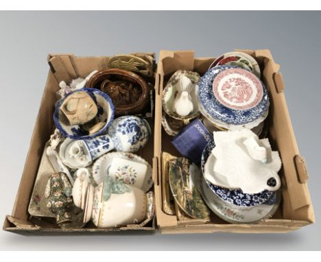 Two boxes of ceramics, plates, Maling china, blue and white ornaments etc 