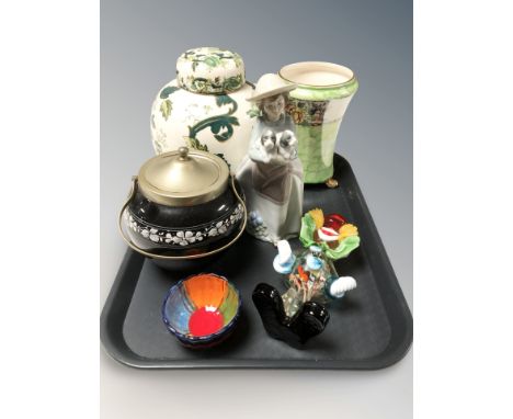 A tray of Masons Chartreuse ginger jar, Maling vase, Murano figure, Nao china ornament, etc.