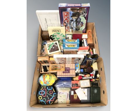 Two boxes of playing cards, dominoes, Criterion series chess pieces in box, Monopoly Newcastle and Gateshead limited edition 