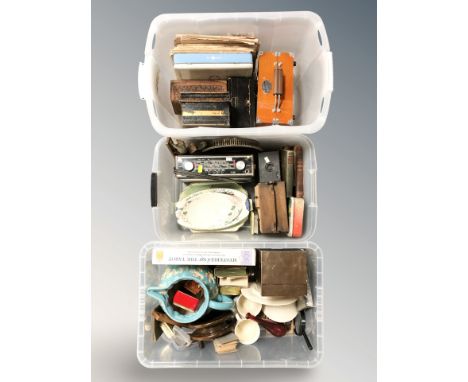 Three boxes of ceramics and china, Bunnykins china, pottery jug, vintage reel, tarrot cards, Roberts radio, Maling ceramics, 