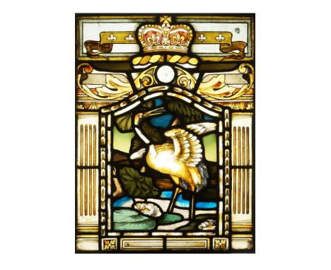 A Victorian Stained Glass Window Depicting a Stork &amp; Crown, English, mid 19th Century, depicting a stork standing in a ri