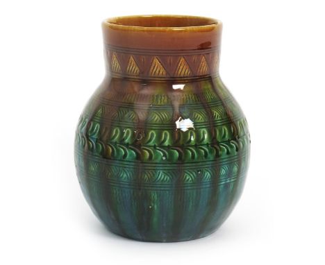 A Linthorpe Pottery vase designed by Dr Christopher Dresser, model no.152, ovoid with cylindrical neck, incised with bands of