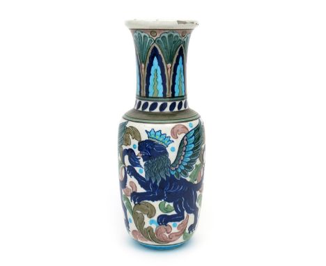 A Burmantofts Faience Anglo-Persian Pillar vase by Leonard King,  D.647, painted with winged and crowned heraldic lions, in b