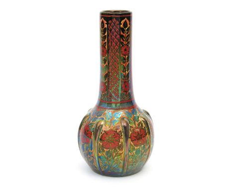 A Pilkington's Lancastrian vase by Richard Joyce, dated 1914, ovoid body with modelled ribs, tall cylindrical neck, painted w