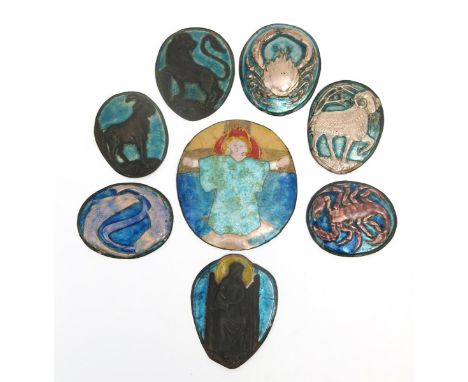 A large collection of enamel plaques test panels and glazed ceramic roundels by H.G. Murphy and his workshop, including a rai