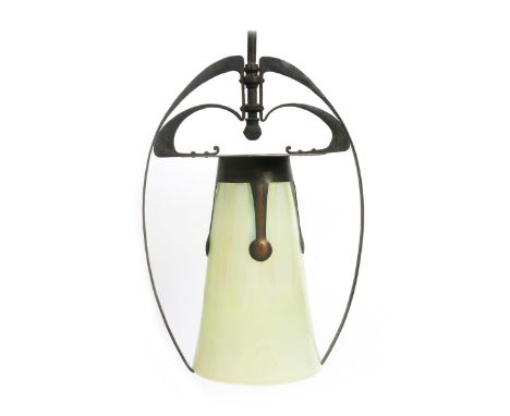 A large Glasgow School patinated metal and copper ceiling  light with vaseline glass shade, the black patinated metal body wi
