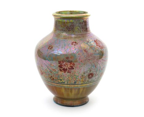 A Pilkington's Lancastrian vase by Richard Joyce, dated 1912, ovoid with collar neck, painted with exotic birds flying past f