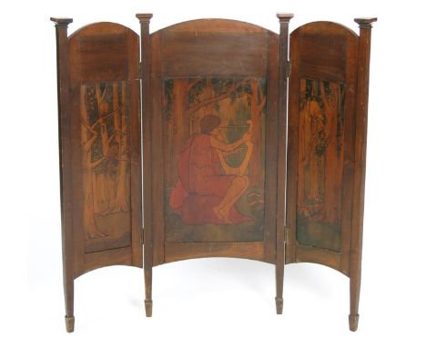 A mahogany three fold fire screen, the central panel decorated with a classical harp player in a woodland setting, the flanki