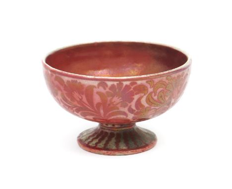 A William De Morgan small pedestal bowl, painted to the exterior with a band of carnations, in ruby lustre on a white ground,