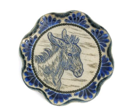 A Doulton Lambeth stoneware side plate by Hannah Barlow and Frank Butler, dated 1882 fluted rim, incised and painted with a p