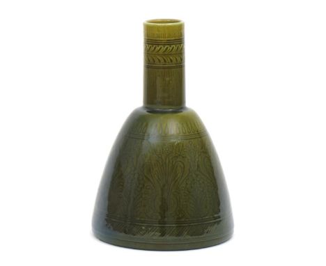 A Linthorpe Pottery bottle vase designed by Dr Christopher Dresser, model no.216, shouldered form with cylindrical neck, deco