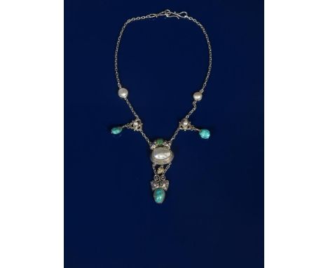 An Artificers Guild silver necklace probably designed by Edward Spencer, central elliptical mother of pearl panel below cast 