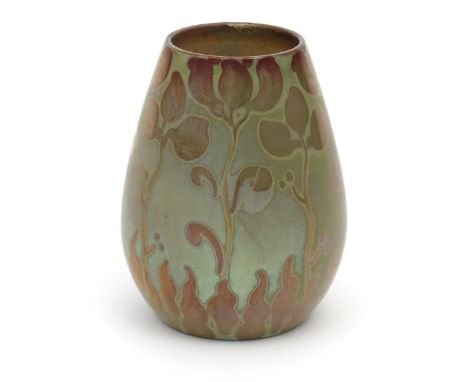 A Burmantofts Faience lustre vase by Joseph Walmsley,  swollen cylindrical form, painted with stems of Art Nouveau flowers in