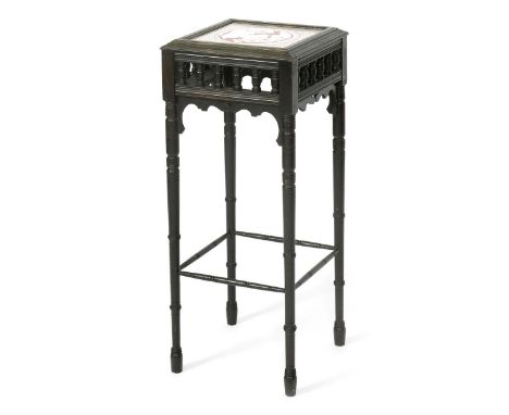 An Aesthetic Movement ebonised wood tile-topped plant stand in the manner of Bruce Talbert,  square section with turned, tape