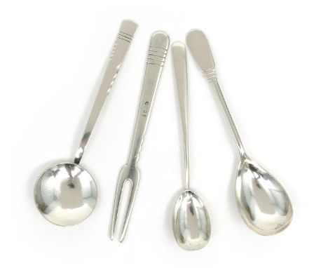 A small collection of silver flatware, comprising: a pickle fork and jam spoon, by Joyce Rosemary Himsworth, Sheffield 1936 a