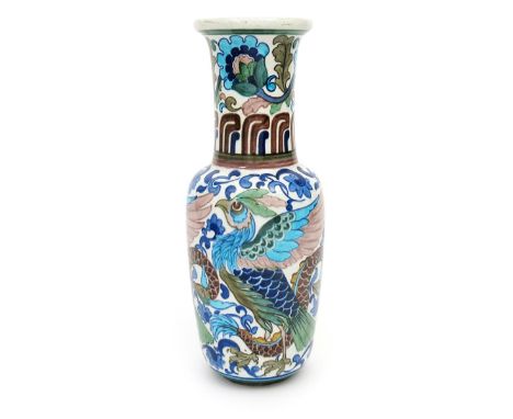 A Burmantofts Faience Anglo-Persian Pillar vase by Leonard King, pattern D.652, painted with a frieze of eagle and serpents i