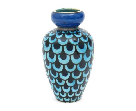 A small Burmantofts Faience Anglo-Persian vase by Leonard King, shouldered form with knopped neck, painted with overlapping s