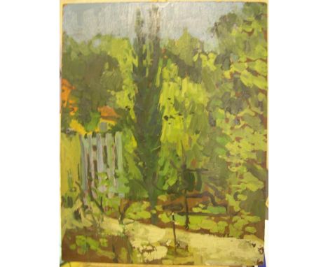 Peter COLLINS (1923-2001) oil on board, "The blue gate", studio stamped, unframed,46 x 36 cm 